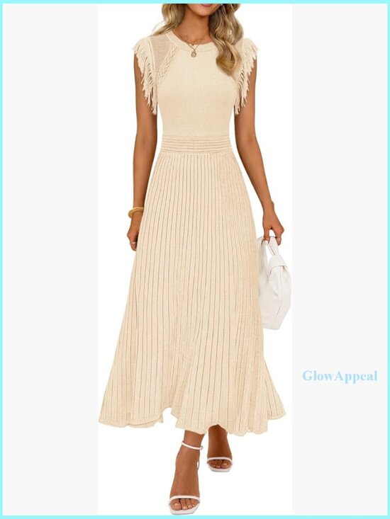Dresses & Skirts - Sleeveless Fringe Ribbed Knit Midi Dress A-Line Casual Business Work